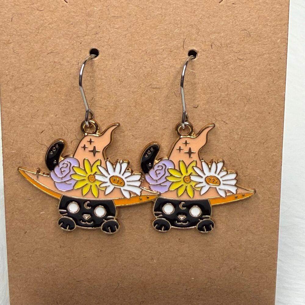 Cat with witch hat earrings stainless steel earring hooks - Picture 5 of 5